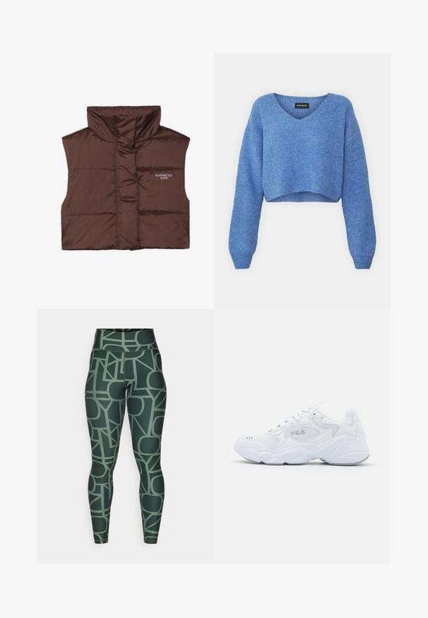 Brūns polsterēts bezpiedurkņu žakets ar augstu apkakli, ar rāvējslēdzēju priekšpusē un iešūtu logo detaļu kreisajā pusē. Gluda, spīdīga tekstūra.; Zils īss svārka krekls ar V veida kakla izgriezumu, ribota tekstūra un garām piedurknēm. Izgatavots no mīksta materiāla. Etiķete: even&odd.; Zaļas legingu bikses ar augstu jostasvietu, kas rotātas ar ģeometrisku rakstu mīkstos toņos. Izgatavotas no elastīga, gluda materiāla ar pieguļošu siluetu.; Baltā sportiskā apava ar struktūrētu tekstila virsu, mīkstu apkakli un masīvu zoli. Iezīmēta ar logotipu sānos un auklām.