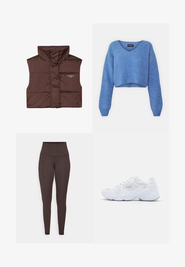 Vesta bej cu umplutură, fără mâneci și cu guler înalt, având un fermoar frontal și detalii logo cusute pe partea stângă. Textură netedă și lucioasă.; Pulover scurt albastru cu decolteu în V, textură terminală și mâneci lungi. Fabricat dintr-un material moale. Etichetă: even&odd.; Colanți maro cu talie înaltă, realizați dintr-un material elastic și neted. Prezintă un design ajustat, fără cusături sau modele vizibile.; Să nu îți lipsească adidașii albi cu un superior din plasă texturată, guler captusit și talpă chunky. Acestea au un logo pe lateral și sistem de prindere cu șireturi.
