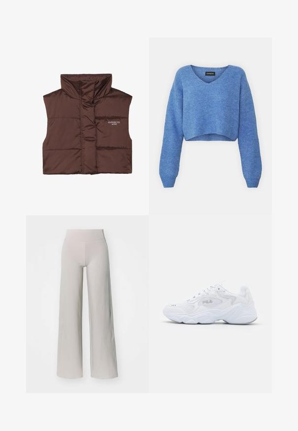 Vesta bej cu umplutură, fără mâneci și cu guler înalt, având un fermoar frontal și detalii logo cusute pe partea stângă. Textură netedă și lucioasă.; Pulover scurt albastru cu decolteu în V, textură terminală și mâneci lungi. Fabricat dintr-un material moale. Etichetă: even&odd.; Pantaloni largi gri deschis, confecționați dintr-un material moale, având un tiv înalt și o textură netedă, fără ornamente.; Să nu îți lipsească adidașii albi cu un superior din plasă texturată, guler captusit și talpă chunky. Acestea au un logo pe lateral și sistem de prindere cu șireturi.