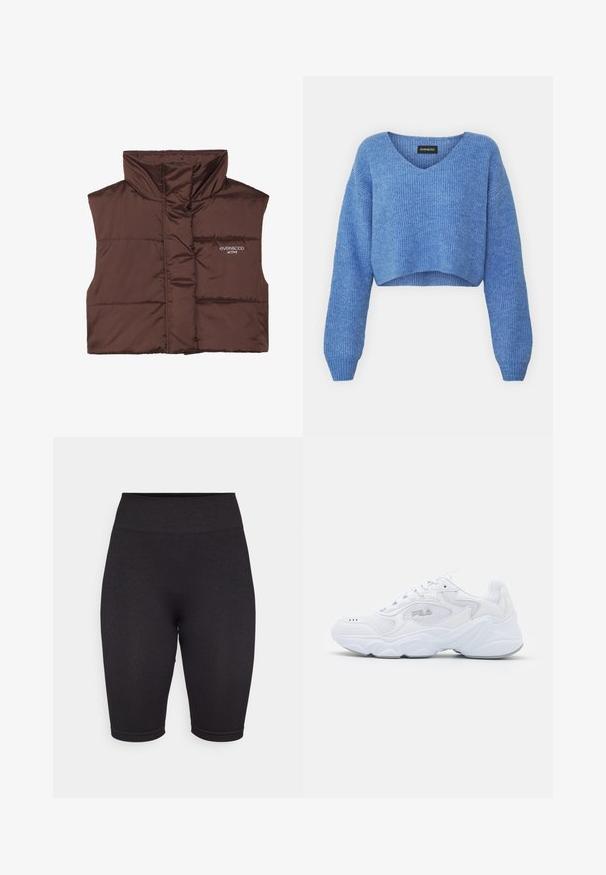 Gilet imbottito marrone senza maniche con colletto alto, dotato di chiusura con zip e dettaglio del logo cucito sul lato sinistro. Texture liscia e lucida.; Maglione corto blu con scollatura a V, texture a coste e maniche lunghe. Realizzato in materiale morbido. Etichetta: even&odd.; Shorts da bici neri a costine con una larga fascia elasticizzata in vita, che arrivano a metà coscia. Presentano una texture liscia e un design aderente.; Scarpa sportiva bianca con tomaia in mesh testurizzato, colletto imbottito e suola spessa. Presenta un logo sul lato e chiusura con lacci.