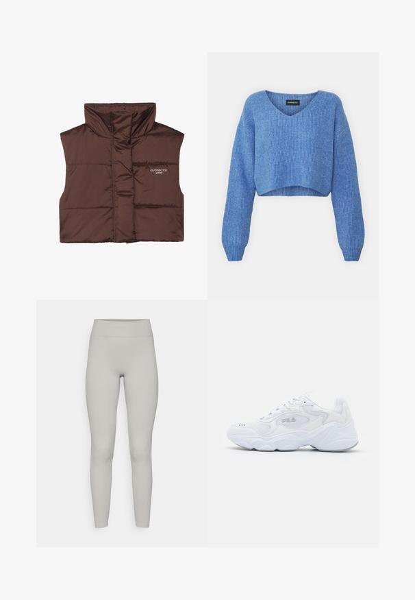 Colete acolchoado castanho sem mangas com colarinho alto, apresentando fecho de correr frontal e detalhe de logótipos cosido no lado esquerdo. Textura lisa e brilhante.; Sweater azul cropped com decote em V, textura canelada e mangas longas. Feito de material suave. Etiqueta: even&odd.; Leggings canelados de cor cinza claro com uma cintura alta, apresentando um design ajustado e uma textura suave. Sem padrões ou acentos visíveis.; Sapatilha atlética branca com um cabedal de malha texturizada, colarinho acolchoado e sola volumosa. Apresenta um logotipo na lateral e fecho de atacadores.