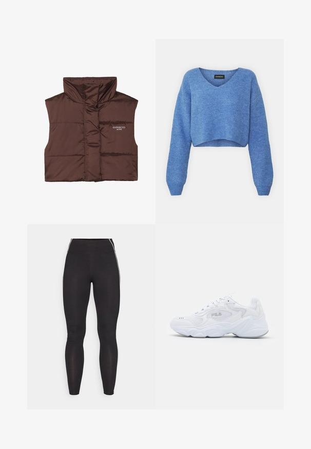 Brun vadderad ärmlös väst med hög krage, med dragkedja framtill och inbrottat logotypdetalj på vänster sida. Slät, glänsande yta.; Blå croppad tröja med V-ringning, ribbad textur och långa ärmar. Gjord av mjukt material. Märke: even&odd.; Svarta leggings i elastiskt material med hög midja. Har vita sidostreifen och en slät yta genom hela plagget.; Vita idrottssko med ett texturerat mesh-övre, vadderad krage och kraftig sula. Har en logotyp på sidan och snörning.