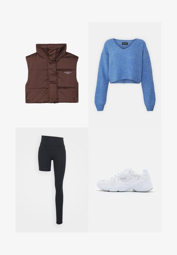 Colete acolchoado castanho sem mangas com colarinho alto, apresentando fecho de correr frontal e detalhe de logótipos cosido no lado esquerdo. Textura lisa e brilhante.; Sweater azul cropped com decote em V, textura canelada e mangas longas. Feito de material suave. Etiqueta: even&odd.; Even&Odd active Leggings - black/short right leg; Sapatilha atlética branca com um cabedal de malha texturizada, colarinho acolchoado e sola volumosa. Apresenta um logotipo na lateral e fecho de atacadores.