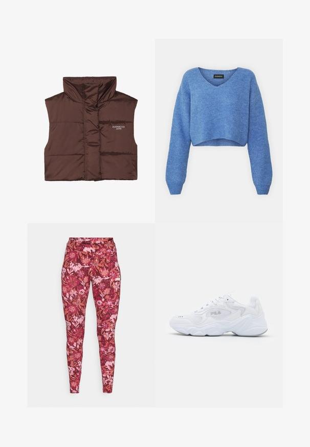 Bruine gewatteerde mouwloze vest met hoge kraag, voorzien van een rits aan de voorkant en een ingenaaide logo-detail aan de linkerkant. Gladde, glanzende textuur.; Blauwe cropped trui met V-hals, geribbelde structuur en lange mouwen. Gemaakt van zacht materiaal. Label: even&odd.; Bloemenleggingen in een donkerroze en bordeauxrode kleurstelling, met een verscheidenheid aan bloemen en bladeren. Gemaakt van een rekbaar, aansluitend materiaal.; Witte sportschoen met een gemêleerde mesh bovenzijde, gewatteerde kraag en dikke zool. Voorzien van een logo op de zijkant en vetersluiting.