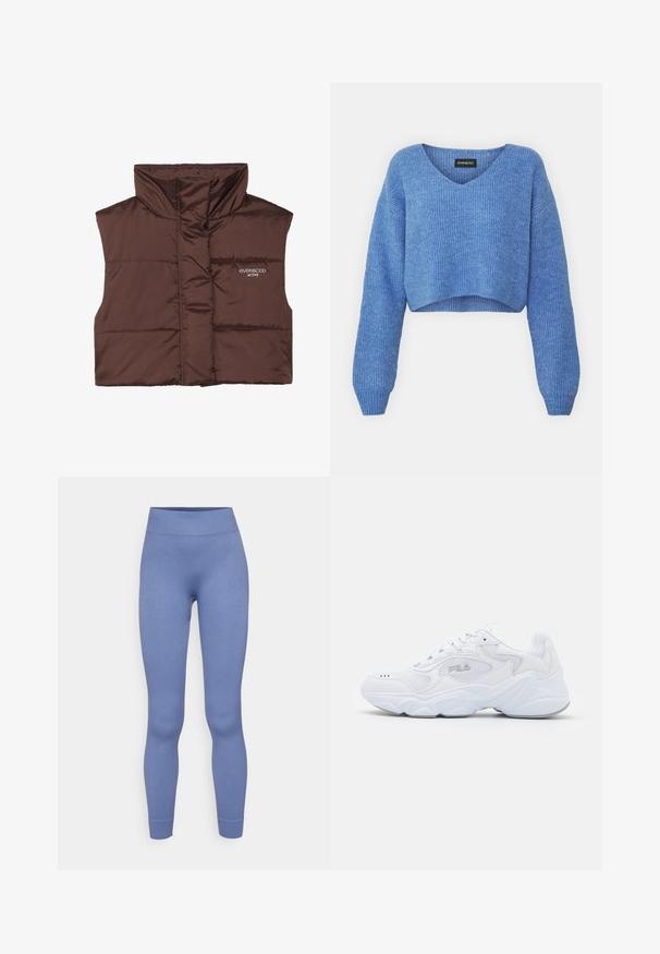 Brun polstret ermeløs vest med høy krage, med glidelås foran og sydd inn logo-detalle på venstre side. Glatt, blank tekstur.; Blå kortermet genser med V-hals, ribbestrikket tekstur og lange ermer. Laget av mykt materiale. Merke: even&odd.; Lyse blå leggings med ribbet tekstur, høy midje og tettsittende fasong, som smalner inn ved anklene. Ingen tilleggsmønstre eller aksenter.; Hvite joggesko med et strukturert mesh-overdel, polstret krage og tykk såle. Har en logo på siden og snøring.