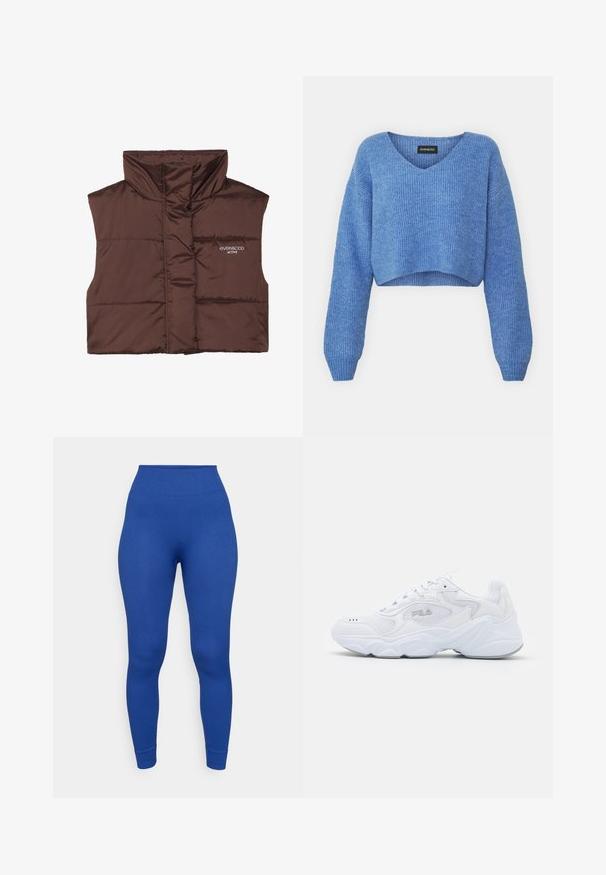 Brun polstret ermeløs vest med høy krage, med glidelås foran og sydd inn logo-detalle på venstre side. Glatt, blank tekstur.; Blå kortermet genser med V-hals, ribbestrikket tekstur og lange ermer. Laget av mykt materiale. Merke: even&odd.; Ribbede blå leggings med høy midje, glatt tekstur og tettsittende fasong. Ankellengde uten synlige mønstre eller detaljer.; Hvite joggesko med et strukturert mesh-overdel, polstret krage og tykk såle. Har en logo på siden og snøring.