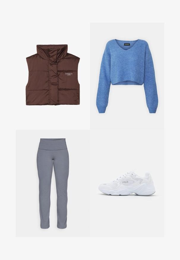 Brūns polsterēts bezpiedurkņu žakets ar augstu apkakli, ar rāvējslēdzēju priekšpusē un iešūtu logo detaļu kreisajā pusē. Gluda, spīdīga tekstūra.; Zils īss svārka krekls ar V veida kakla izgriezumu, ribota tekstūra un garām piedurknēm. Izgatavots no mīksta materiāla. Etiķete: even&odd.; Pelēki sporta legingi ar platu, gludu jostu un pieguļošu, šauru kāju dizainu. Izgatavoti no mīksta, elastīga auduma.; Baltā sportiskā apava ar struktūrētu tekstila virsu, mīkstu apkakli un masīvu zoli. Iezīmēta ar logotipu sānos un auklām.