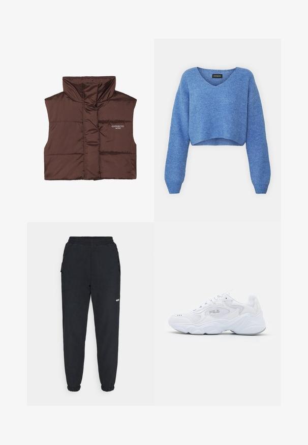 Brun polstret ærmeløs vest med høj krave, der har lynlås fortil og indsyet logo-detail på venstre side. Glat, blank overflade.; Blå cropped sweater med V-hals, ribbet tekstur og lange ermer. Lavet af blødt materiale. Mærke: even&odd.; Sorte fleece joggers med elastisk talje, tapered ben, sidelommer og et lille hvidt logo på venstre ben.; Hvide atletiske sko med en struktureret mesh-overdel, polstret krave og kraftig sål. Har et logo på siden og snørebåndslukning.