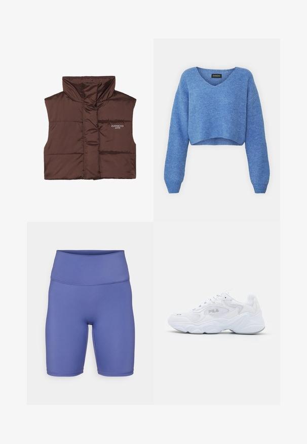 Smešani smešano smešani prsluk smešano bez rukava sa visokim ovratnikom, sa prednjim zatvaračem i ušivenim logom s lijeve strane. Glatka, sjajna tekstura.; Plavi skraćeni pulover s V-izrezom, rebrastom teksturom i dugim rukavima. Napravljen od mekog materijala. Oznaka: even&odd.; Biciklističke gaće visoki struk od čvrstog lavande tkanine. Glatka tekstura s detaljima šivanja i uski dizajn za udobnost i pokretljivost.; Bijela atletska cipela s teksturiranim mrežastim gornjim dijelom, podstavljenim ovratnikom i debelim potplatom. Ima logotip sa strane i vezanje na vezice.