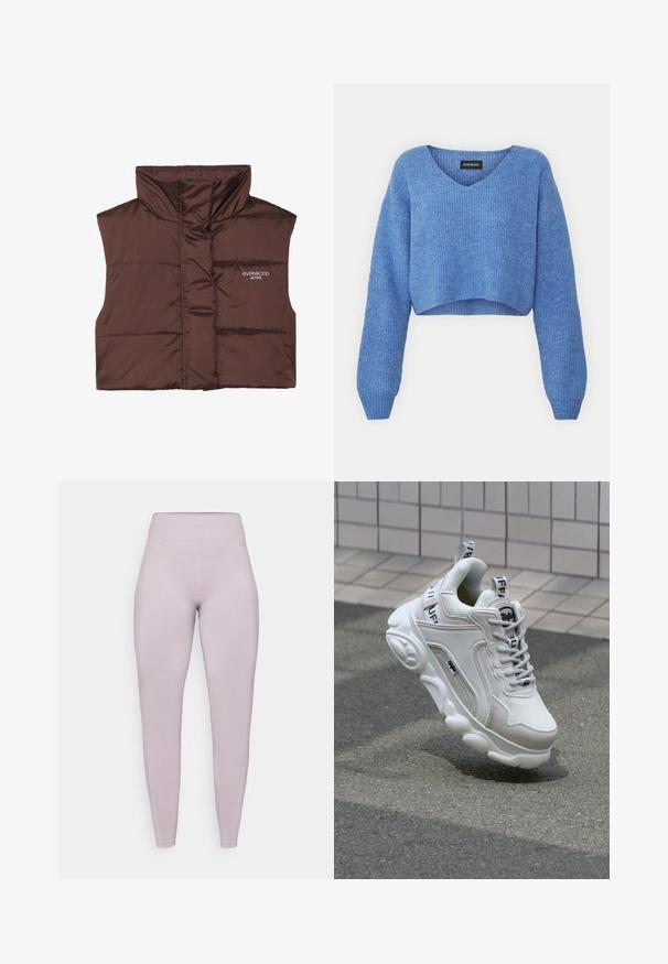 Bruine gewatteerde mouwloze vest met hoge kraag, voorzien van een rits aan de voorkant en een ingenaaide logo-detail aan de linkerkant. Gladde, glanzende textuur.; Blauwe cropped trui met V-hals, geribbelde structuur en lange mouwen. Gemaakt van zacht materiaal. Label: even&odd.; Leggings in lichte lavendel, gemaakt van stretchy stof. Beschikt over een hoge geribbelde tailleband en een gladde textuur met subtiele diagonale lijnen op de benen.; Witte sneaker van mesh en leer, met een ronde neus, dikke zool, opvallende veters en merklogo op de hak en tong.