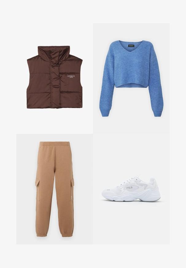 Rjava podložena brezrokavnica z visokim ovratnikom, ki ima zadrgo spredaj in vdelan logotip na levi strani. Gladka, sijoča tekstura.; Modra skrajšana jopica z V-izrezom, rebrasto teksturo in dolgimi rokavi. Narejena iz mehkega materiala. Oznaka: even&odd.; Bež cargo hlače narejene iz mehke tkanine z elastičnim pasom, manšetami na gležnjih in stranskimi žepi, s sezonskim logotipom.; Bela športna obuvala z teksturirano mrežasto zgornjico, oblazinjeno obrobo in debelim podplatom. Ima logotip ob strani in vezalni sistem.