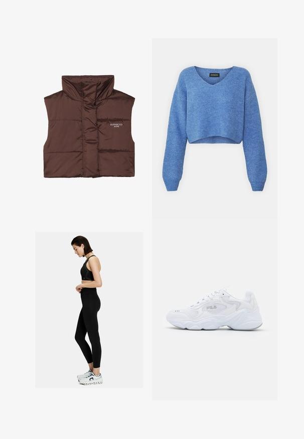 Brūns polsterēts bezpiedurkņu žakets ar augstu apkakli, ar rāvējslēdzēju priekšpusē un iešūtu logo detaļu kreisajā pusē. Gluda, spīdīga tekstūra.; Zils īss svārka krekls ar V veida kakla izgriezumu, ribota tekstūra un garām piedurknēm. Izgatavots no mīksta materiāla. Etiķete: even&odd.; Melnā sporta krūšturis un bikses ar augstu jostasvietu. Iezīmējas ar gludu tekstūru un pieguļošu dizainu. Apvienots ar baltām un pelēkām kedām.; Baltā sportiskā apava ar struktūrētu tekstila virsu, mīkstu apkakli un masīvu zoli. Iezīmēta ar logotipu sānos un auklām.