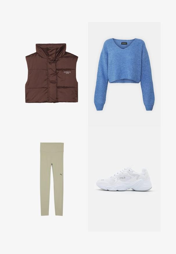 Braune gepolsterte ärmellose Weste mit hohem Kragen, ausgestattet mit einem Reißverschluss vorne und eingesticktem Logo-Detail auf der linken Seite. Glatte, glänzende Textur.; Blauer, verkürzter Pullover mit V-Ausschnitt, gerippter Struktur und langen Ärmeln. Aus weichem Material gefertigt. Etikett: even&odd.; Leggings aus leicht olivgrünem Stoff, mit breitem Bund und einem schwarzen Puma-Logo am unteren linken Bein. Glatte Textur, formbetontes Design.; Weißer Sportschuh mit einem strukturierten Mesh-Obermaterial, gepolstertem Schaft und klobiger Sohle. Verfügt über ein Logo an der Seite und eine Schnürung.