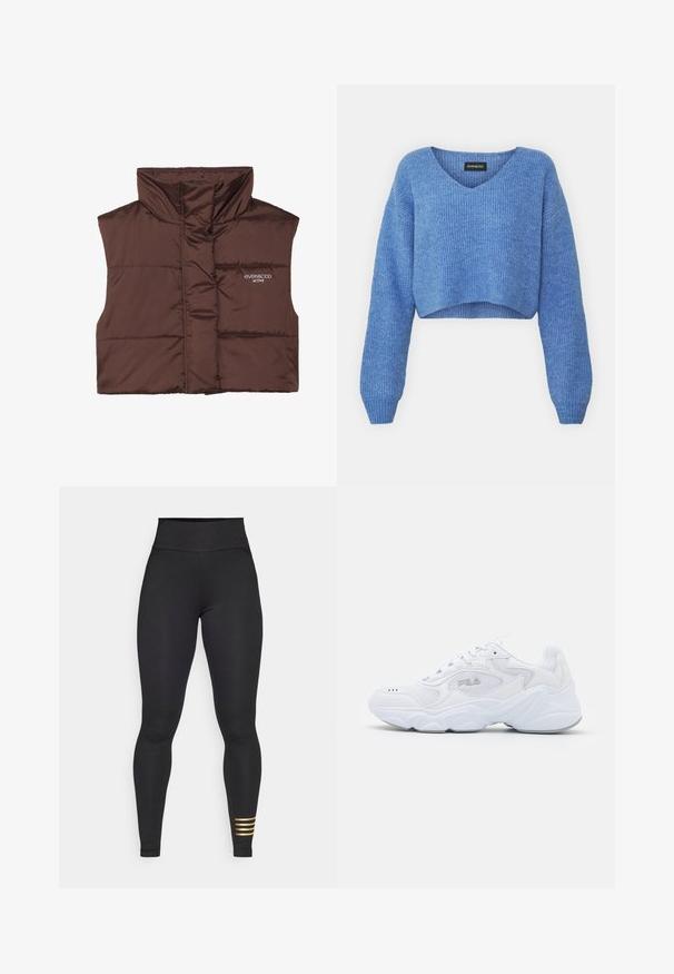 Brun polstret ermeløs vest med høy krage, med glidelås foran og sydd inn logo-detalle på venstre side. Glatt, blank tekstur.; Blå kortermet genser med V-hals, ribbestrikket tekstur og lange ermer. Laget av mykt materiale. Merke: even&odd.; Sorte høye leggings laget av elastisk materiale. Har en glatt tekstur og tre horisontale gullstriper nederst på venstre ben.; Hvite joggesko med et strukturert mesh-overdel, polstret krage og tykk såle. Har en logo på siden og snøring.