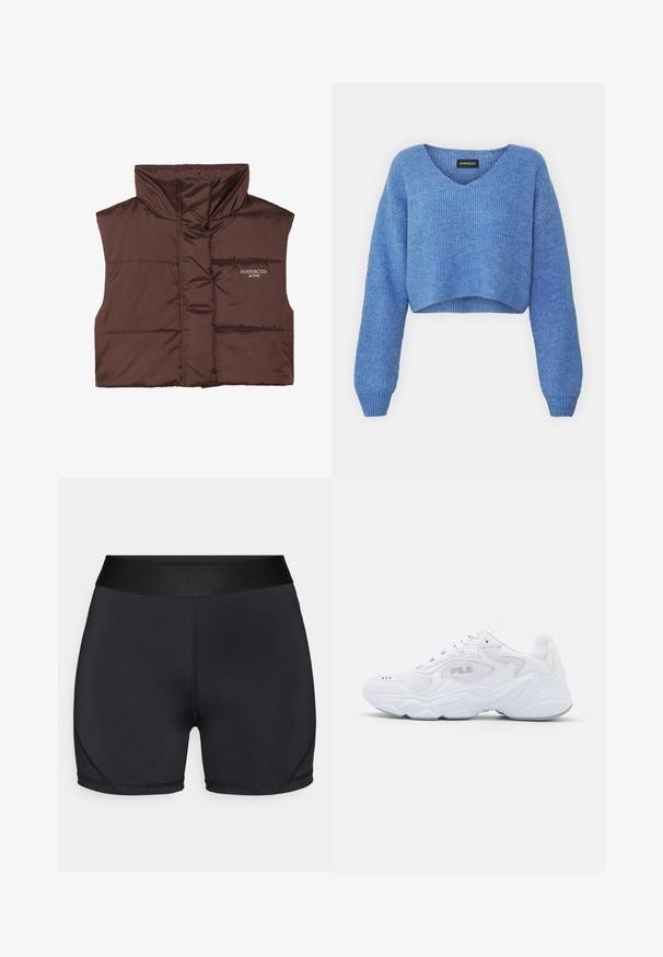 Colete acolchoado castanho sem mangas com colarinho alto, apresentando fecho de correr frontal e detalhe de logótipos cosido no lado esquerdo. Textura lisa e brilhante.; Sweater azul cropped com decote em V, textura canelada e mangas longas. Feito de material suave. Etiqueta: even&odd.; Calções atléticos pretos com uma textura suave, cintura elástica larga e detalhes de costura curva. Feitos de um tecido elástico e que absorve a humidade.; Sapatilha atlética branca com um cabedal de malha texturizada, colarinho acolchoado e sola volumosa. Apresenta um logotipo na lateral e fecho de atacadores.
