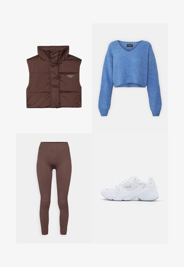 Barna párnázott ujjatlan mellény magas gallérral, elöl cipzárral, a bal oldalon varrt logó részlettel. Simább, fényes textúra.; Kék, v-kivágású, rovidített pulóver, bordázott textúrával és hosszú ujjakkal. Puha anyagból készült. Címke: even&odd.; Barna bordás leggings, testhezálló kialakítással, magas derék részlettel és szoros mandzsettákkal a boka körül. Puha, nyújtható anyagból készült.; Fehér sportcipő strukturált hálós felső résszel, párnázott bokarésszel és masszív talppal. Oldalán logóval és fűzős záródással rendelkezik.