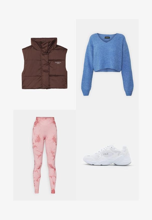 Veste sans manches en peluche marron avec col haut, dotée d'une fermeture éclair à l'avant et d'un logo cousu sur le côté gauche. Texture lisse et brillante.; Pull cropped bleu avec un décolleté en V, texture côtelée et manches longues. Fabriqué dans un matériau doux. Étiquette : even&odd.; Leggings taille haute en rose avec un motif marbré. Fabriqués à partir d'un tissu extensible et lisse, avec une silhouette ajustée et une taille sans couture.; Baskets blanches avec une tige en mesh texturé, un col rembourré et une semelle épaisse. Présente un logo sur le côté et un système de laçage.