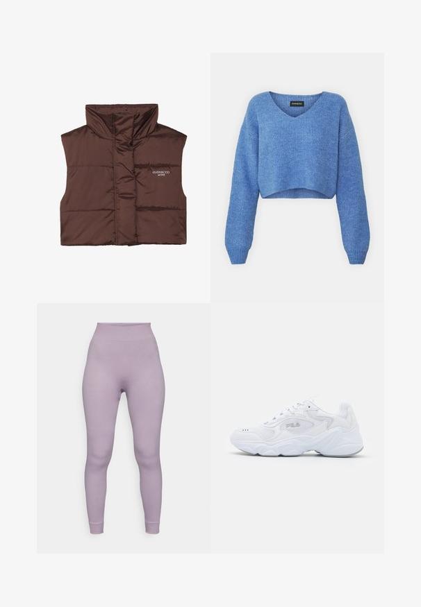 Rjava podložena brezrokavnica z visokim ovratnikom, ki ima zadrgo spredaj in vdelan logotip na levi strani. Gladka, sijoča tekstura.; Modra skrajšana jopica z V-izrezom, rebrasto teksturo in dolgimi rokavi. Narejena iz mehkega materiala. Oznaka: even&odd.; Lila rebraste legice z visokim pasom, prilegajočim silhueto in elastičnim materialom. Gladka tekstura brez vidnih šivov ali vzorcev.; Bela športna obuvala z teksturirano mrežasto zgornjico, oblazinjeno obrobo in debelim podplatom. Ima logotip ob strani in vezalni sistem.