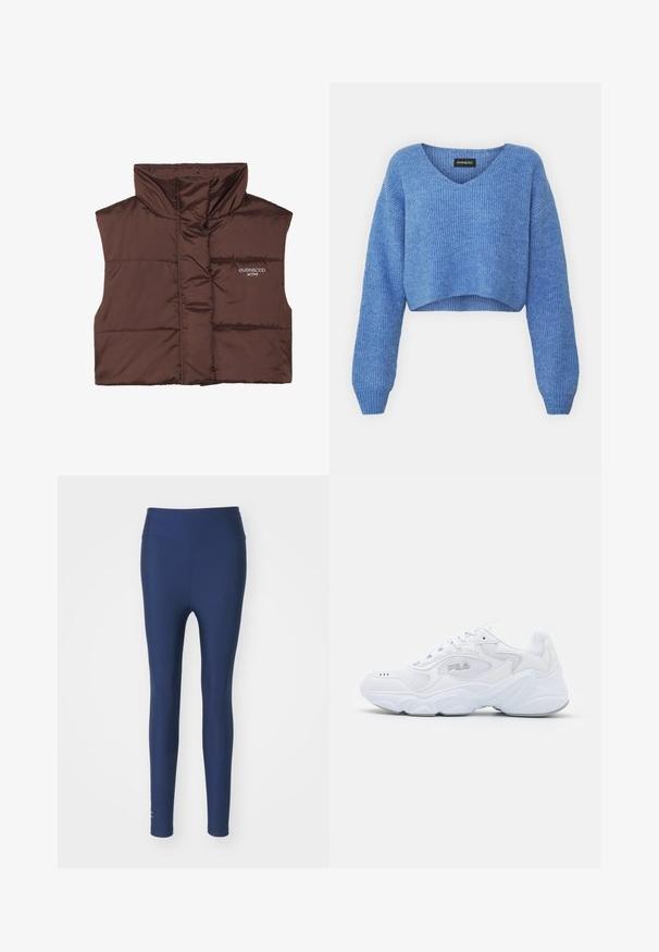Brązowa, pikowana kamizelka bez rękawów z wysokim kołnierzem, z zamkiem z przodu i naszytą logotypem po lewej stronie. Gładka, błyszcząca faktura.; Niebieski, krótki sweter z dekoltem w szpic, prążkowanym wzorem i długimi rękawami. Wykonany z miękkiego materiału. Metka: even&odd.; Granatowe legginsy wykonane z elastycznego materiału, z wysokim stanem i gładką teksturą. Posiadają mały detal logo w pobliżu kostki.; Białe buty sportowe z teksturowaną siateczkową cholewką, wyściełanym kołnierzem i masywną podeszwą. Posiadają logo po boku oraz sznurowanie.