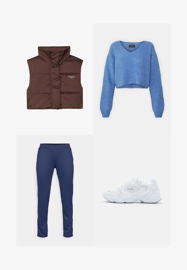 Barna párnázott ujjatlan mellény magas gallérral, elöl cipzárral, a bal oldalon varrt logó részlettel. Simább, fényes textúra.; Kék, v-kivágású, rovidített pulóver, bordázott textúrával és hosszú ujjakkal. Puha anyagból készült. Címke: even&odd.; Sötétkék sportnadrág sima anyagból, keskenyedő fazonnal, rugalmas derékkal és fehér oldalsávokkal. Két zsebet tartalmaz.; Fehér sportcipő strukturált hálós felső résszel, párnázott bokarésszel és masszív talppal. Oldalán logóval és fűzős záródással rendelkezik.
