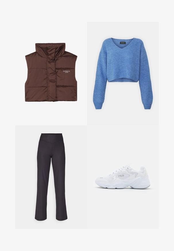 Braune gepolsterte ärmellose Weste mit hohem Kragen, ausgestattet mit einem Reißverschluss vorne und eingesticktem Logo-Detail auf der linken Seite. Glatte, glänzende Textur.; Blauer, verkürzter Pullover mit V-Ausschnitt, gerippter Struktur und langen Ärmeln. Aus weichem Material gefertigt. Etikett: even&odd.; Schwarze gerippte weite Hosen mit hohem elastischen Bund, die eine glatte Textur und saubere Nähte für ein passgenaues Erscheinungsbild aufweisen.; Weißer Sportschuh mit einem strukturierten Mesh-Obermaterial, gepolstertem Schaft und klobiger Sohle. Verfügt über ein Logo an der Seite und eine Schnürung.