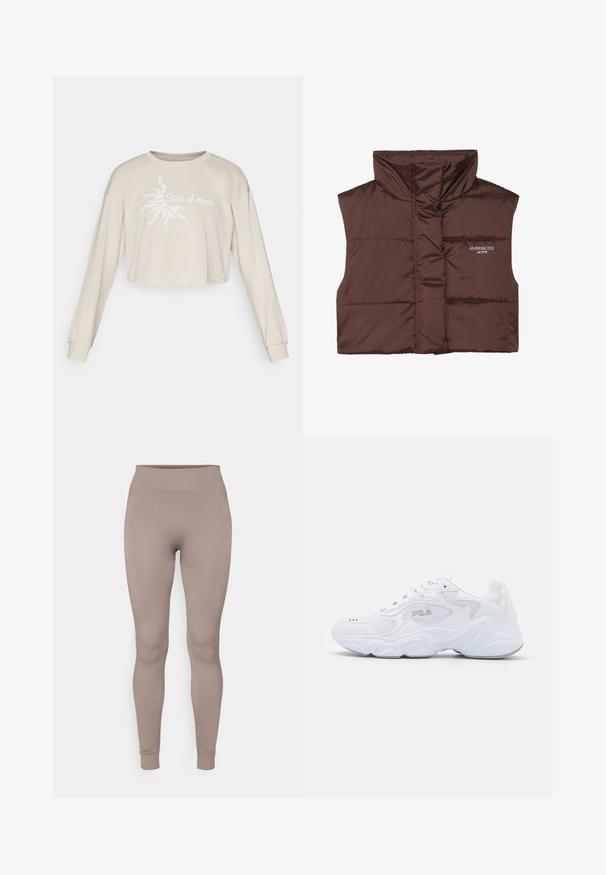 Brown padded sleeveless vest with high collar, featuring a zip front and sewn-in logo detail on the left side. Smooth, glossy texture.; Beige cropped sweatshirt with long sleeves, featuring a white graphic of a sun and text "State of mind" printed on the front.; Ribbed leggings in a soft taupe color, featuring a high waistband, slim fit, and tapered ankles. Made from a textured, stretchable fabric.; White athletic shoe with a textured mesh upper, padded collar, and chunky sole. Features a logo on the side and lace-up closure.