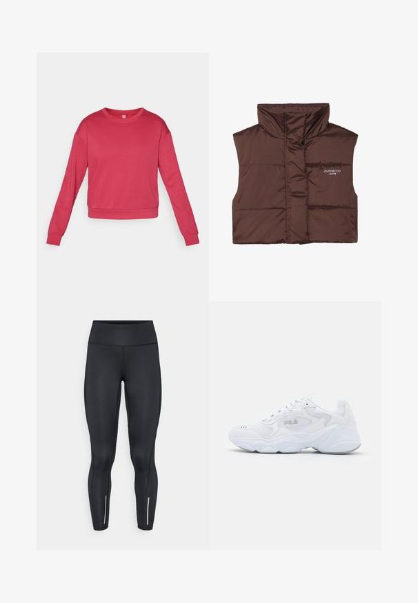 Colete acolchoado castanho sem mangas com colarinho alto, apresentando fecho de correr frontal e detalhe de logótipos cosido no lado esquerdo. Textura lisa e brilhante.; ONLY Play ONPCOMFORT ON BRUSH - Camisola - granita; Leggings pretas feitas de material elástico com cintura alta, apresentando detalhes refletivos perto dos tornozelos e textura suave.; Sapatilha atlética branca com um cabedal de malha texturizada, colarinho acolchoado e sola volumosa. Apresenta um logotipo na lateral e fecho de atacadores.
