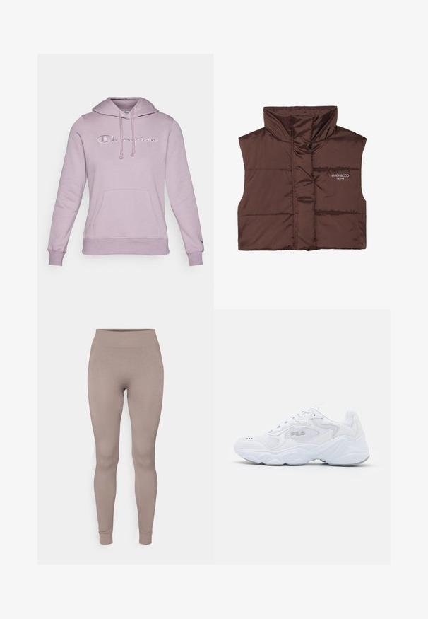 Bruine gewatteerde mouwloze vest met hoge kraag, voorzien van een rits aan de voorkant en een ingenaaide logo-detail aan de linkerkant. Gladde, glanzende textuur.; Lila hoodie met een aantrekbare capuchon, voork pocket en geborduurd "Champion" logo op de borst. Zacht materiaal en ribbelboorden.; Geribbelde leggings in een zachte taupe kleur, met een hoge tailleband, slim fit en tapse enkels. Gemaakt van een textiel met structuur en rekbaarheid.; Witte sportschoen met een gemêleerde mesh bovenzijde, gewatteerde kraag en dikke zool. Voorzien van een logo op de zijkant en vetersluiting.