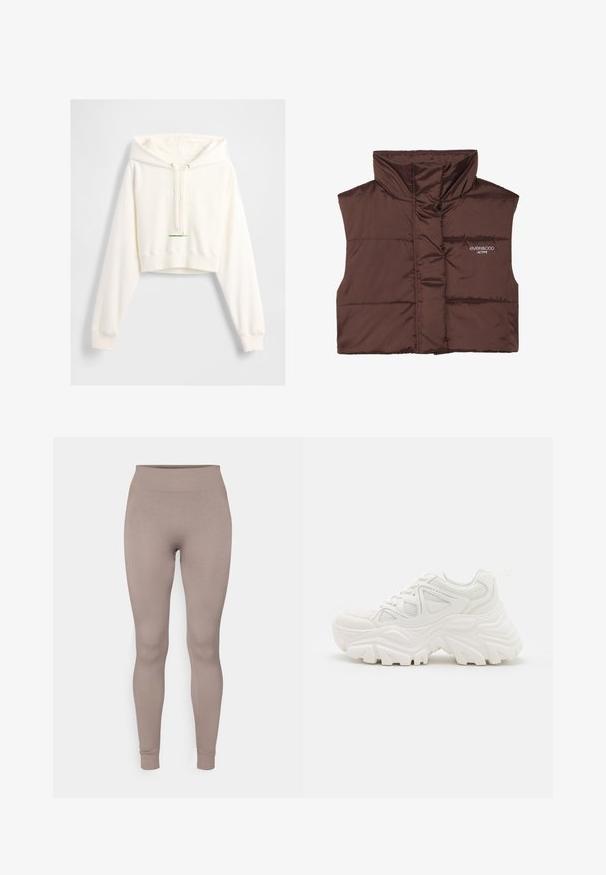 Hnedý prešívaný bezrukávový vest s vysokým golierom, s jedným zipsom vpredu a zošitým logom na ľavej strane. Hladká, lesklá textúra.; Svetlá krémová skrátená mikina s kapucňou vyrobená z mäkkej tkaniny má šnúrku na kapucni, raglánové rukávy, embosované logo "GAP" a rebrované manžety.; Ribkované legíny v jemnej taupe farbe, s vysokým pásom, úzkym strihom a zúženými členkami. Vyrobené z textúrovaného, elastického materiálu.; Biele robustné tenisky s textúrovaným zvrškom, sieťovinovými panelmi a hrubými gumovými podrážkami s výrazným vzorom. Šnúrky a pútko na vytiahnutie sú súčasťou.