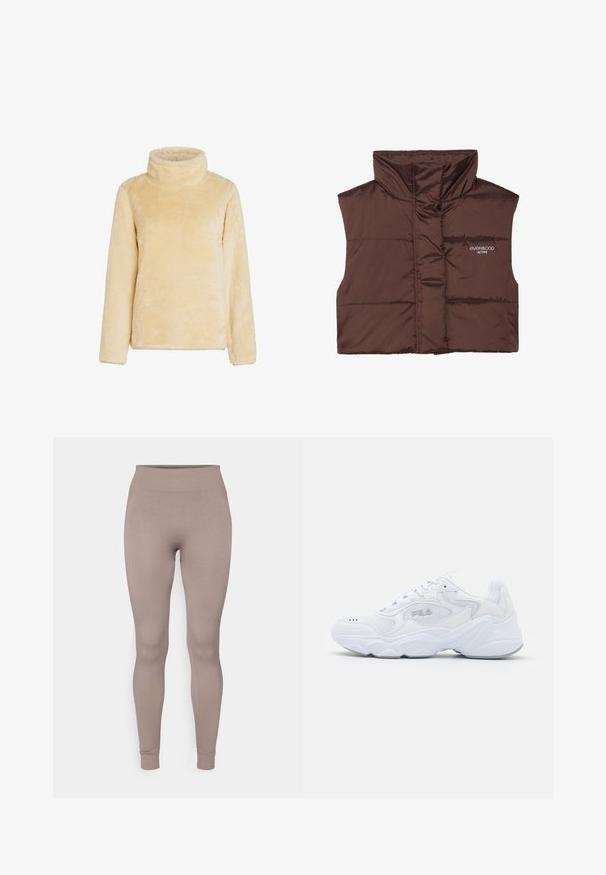 Veste sans manches en peluche marron avec col haut, dotée d'une fermeture éclair à l'avant et d'un logo cousu sur le côté gauche. Texture lisse et brillante.; Pull-over en polaire avec col roulé, de couleur jaune clair. Texture douce et moelleuse, à manches longues et à col haut, offrant une coupe décontractée. Sans fermetures.; Leggings côtelés dans une douce couleur taupe, avec une taille haute, une coupe slim et des chevilles fuselées. Fabriqués en tissu texturé et extensible.; Baskets blanches avec une tige en mesh texturé, un col rembourré et une semelle épaisse. Présente un logo sur le côté et un système de laçage.