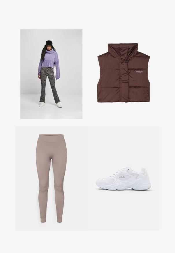 Braune gepolsterte ärmellose Weste mit hohem Kragen, ausgestattet mit einem Reißverschluss vorne und eingesticktem Logo-Detail auf der linken Seite. Glatte, glänzende Textur.; Lila cropped Pullover mit Stehkragen, kombiniert mit schwarzer und grauer Zebrastreifen-Hosen im Schlag-Schnitt und weißen Sneakers. Schwarzer Bucket Hat.; Gestreifte Leggings in einem sanften Taupe-Farbton, mit hohem Bund, schmaler Passform und tapered Beinen. Hergestellt aus einem strukturierten, dehnbarem Stoff.; Weißer Sportschuh mit einem strukturierten Mesh-Obermaterial, gepolstertem Schaft und klobiger Sohle. Verfügt über ein Logo an der Seite und eine Schnürung.