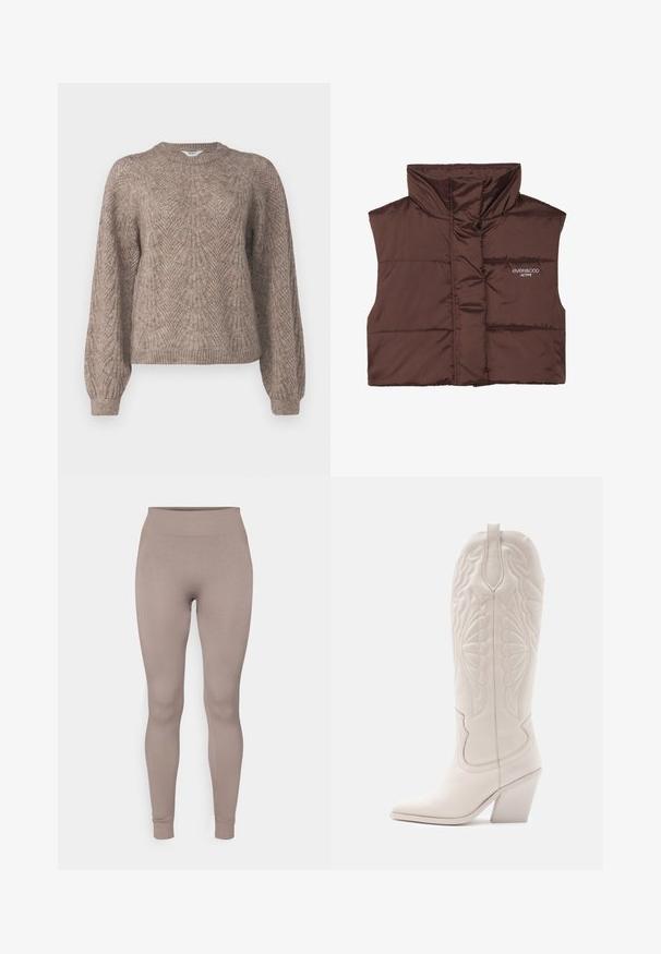 Barna párnázott ujjatlan mellény magas gallérral, elöl cipzárral, a bal oldalon varrt logó részlettel. Simább, fényes textúra.; Hosszú ujjú, könnyű pulóver bézs-barna színben. Texturált mintával rendelkezik, kerek nyakkivágással és bordás mandzsettákkal, valamint szegéllyel.; Ráncos leggings puha taupe színben, magas derékkal, karcsú szabással és beszűkült bokákkal. Texturált, rugalmas anyagból készült.; Fehér bőrcipő, hegyes orral és tömbsarkal. Bonyolult varrásmintákkal díszített szár és sima textúra jellemzi.