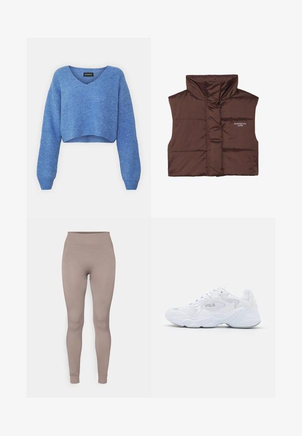 Brązowa, pikowana kamizelka bez rękawów z wysokim kołnierzem, z zamkiem z przodu i naszytą logotypem po lewej stronie. Gładka, błyszcząca faktura.; Niebieski, krótki sweter z dekoltem w szpic, prążkowanym wzorem i długimi rękawami. Wykonany z miękkiego materiału. Metka: even&odd.; Prążkowane legginsy w miękkim odcieniu taupe, z wysokim stanem, dopasowanym krojem i zwężającymi się kostkami. Wykonane z teksturowanej, elastycznej tkaniny.; Białe buty sportowe z teksturowaną siateczkową cholewką, wyściełanym kołnierzem i masywną podeszwą. Posiadają logo po boku oraz sznurowanie.