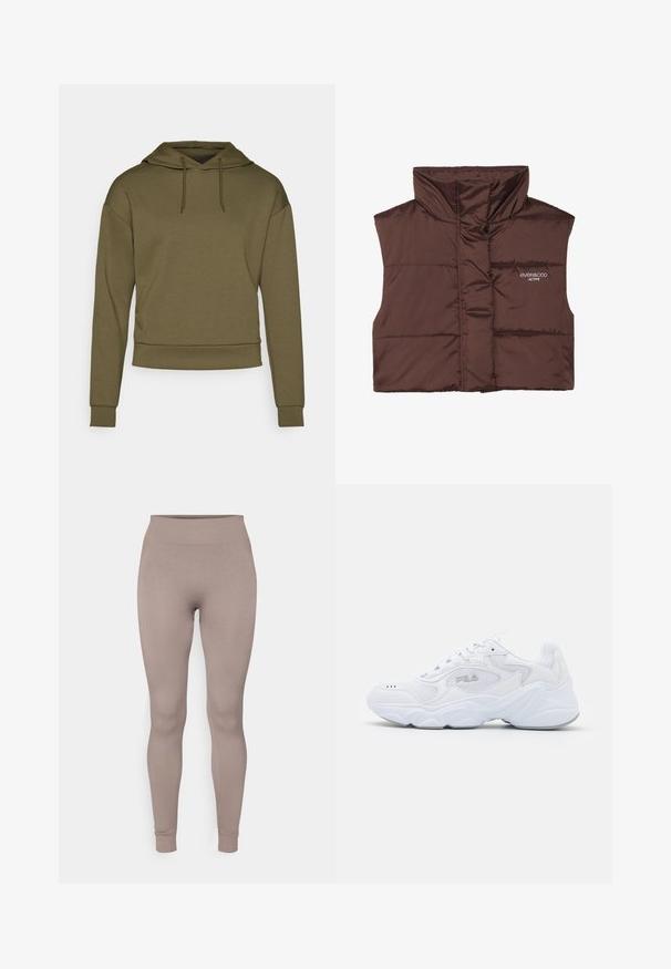 Gilet imbottito marrone senza maniche con colletto alto, dotato di chiusura con zip e dettaglio del logo cucito sul lato sinistro. Texture liscia e lucida.; ONLY Play ONPLOUNGE LIFE HOOD - Felpa con cappuccio - kalamata; Leggings a costine in un morbido colore taupe, con vita alta, vestibilità slim e caviglie affusolate. Realizzati in un tessuto strutturato e elasticizzato.; Scarpa sportiva bianca con tomaia in mesh testurizzato, colletto imbottito e suola spessa. Presenta un logo sul lato e chiusura con lacci.