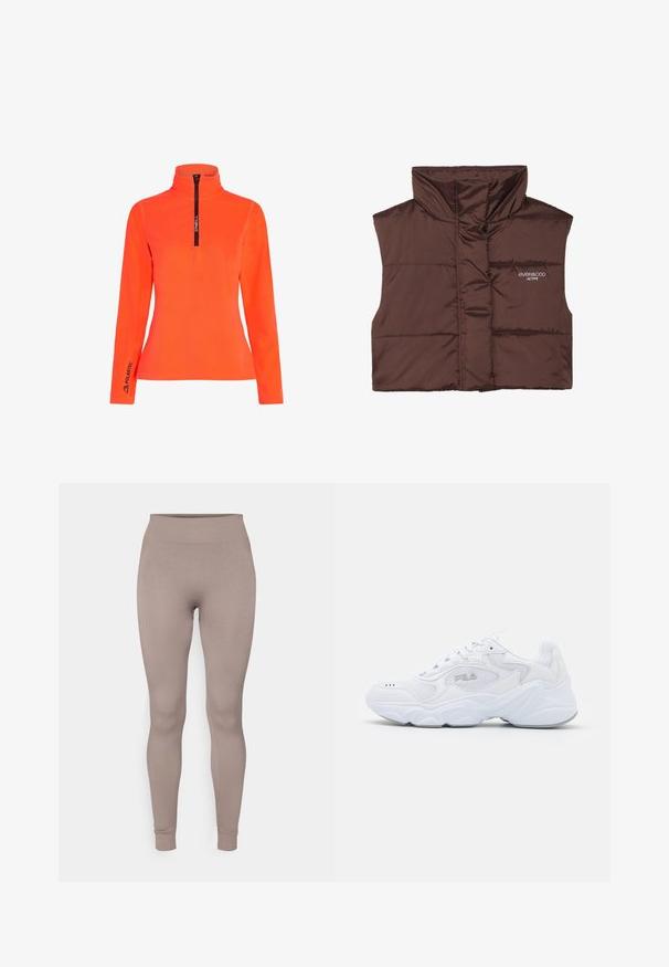 Ruskean pehmustettu hihaton liivi korkealla kauluksella, jossa on vetoketjusuljenta ja ommeltu logotiedosto vasemmalla puolella. Sileä, kiiltävä rakenne.; Kirkas oranssi fleece-pusero, jossa on korkea kaulus ja puolivetoketju. Varustettu mustalla vetoketjulla ja "Polartec"-logolla hihassa. Tasainen rakenne.; Ribbed leggings in a soft taupe color, featuring a high waistband, slim fit, and tapered ankles. Made from a textured, stretchable fabric.; Valkoinen urheilukenkä, jossa on teksturoitu verkkokangasyläosa, pehmustettu nilkkaosa ja paksu pohja. Sivussa on logo ja kengässä on nauhakiinnitys.