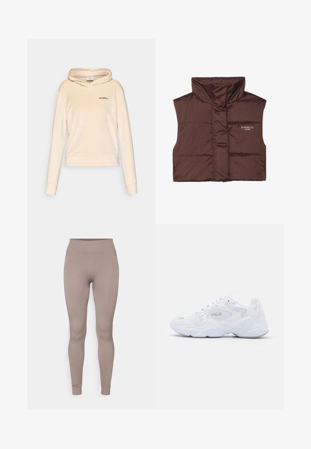 Veste sans manches en peluche marron avec col haut, dotée d'une fermeture éclair à l'avant et d'un logo cousu sur le côté gauche. Texture lisse et brillante.; Sweat à capuche couleur crème en tissu doux, avec une poche kangourou et un logo sur la poitrine. Manches longues avec des poignets ajustés.; Leggings côtelés dans une douce couleur taupe, avec une taille haute, une coupe slim et des chevilles fuselées. Fabriqués en tissu texturé et extensible.; Baskets blanches avec une tige en mesh texturé, un col rembourré et une semelle épaisse. Présente un logo sur le côté et un système de laçage.