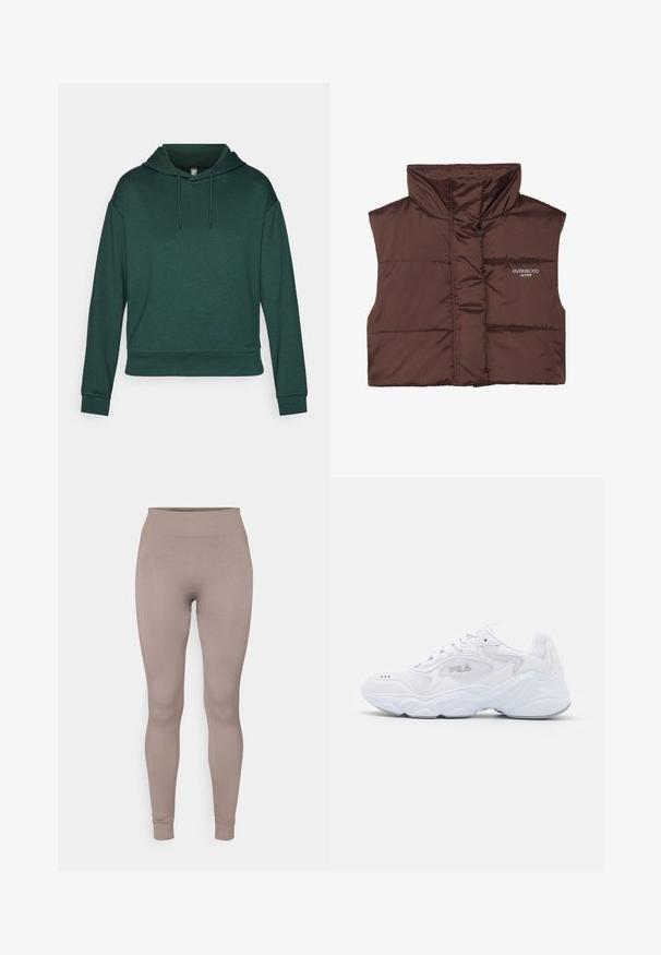 Veste sans manches en peluche marron avec col haut, dotée d'une fermeture éclair à l'avant et d'un logo cousu sur le côté gauche. Texture lisse et brillante.; Un sweat à capuche vert en tissu doux, doté d'une capuche avec cordon de serrage, de manches longues et d'une coupe décontractée. Texture lisse avec des poignets côtelés.; Leggings côtelés dans une douce couleur taupe, avec une taille haute, une coupe slim et des chevilles fuselées. Fabriqués en tissu texturé et extensible.; Baskets blanches avec une tige en mesh texturé, un col rembourré et une semelle épaisse. Présente un logo sur le côté et un système de laçage.