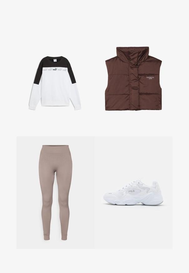 Gilet imbottito marrone senza maniche con colletto alto, dotato di chiusura con zip e dettaglio del logo cucito sul lato sinistro. Texture liscia e lucida.; Felpa bianca con un pannello superiore nero, caratterizzata da un logo "PUMA" grigio ripetuto. Realizzata in tessuto morbido, con maniche lunghe e colletto a girocollo.; Leggings a costine in un morbido colore taupe, con vita alta, vestibilità slim e caviglie affusolate. Realizzati in un tessuto strutturato e elasticizzato.; Scarpa sportiva bianca con tomaia in mesh testurizzato, colletto imbottito e suola spessa. Presenta un logo sul lato e chiusura con lacci.