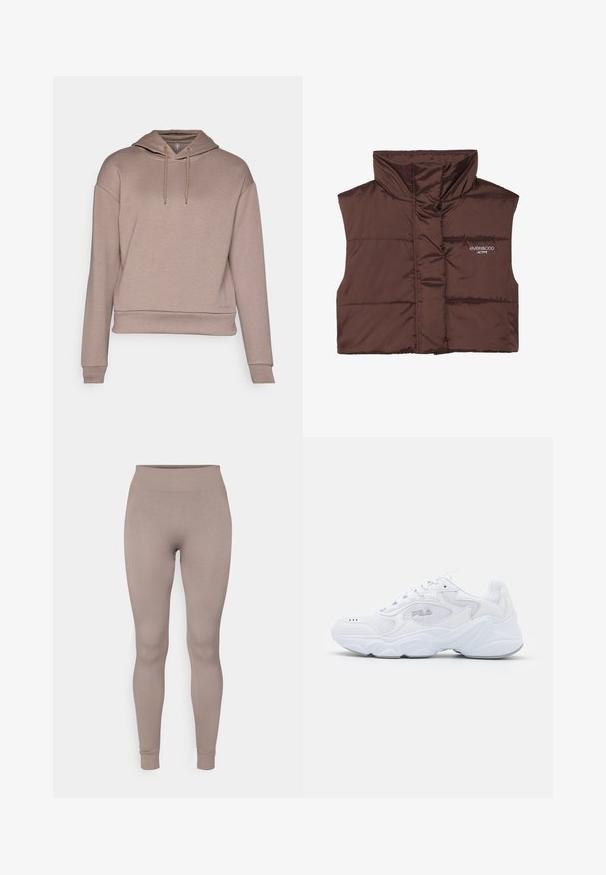Veste sans manches en peluche marron avec col haut, dotée d'une fermeture éclair à l'avant et d'un logo cousu sur le côté gauche. Texture lisse et brillante.; Sweatshirt à capuche en tissu beige clair, avec une coupe ample, une fermeture à cordon, des poignets côtelés et un logo imprimé près de l'ourlet.; Leggings côtelés dans une douce couleur taupe, avec une taille haute, une coupe slim et des chevilles fuselées. Fabriqués en tissu texturé et extensible.; Baskets blanches avec une tige en mesh texturé, un col rembourré et une semelle épaisse. Présente un logo sur le côté et un système de laçage.