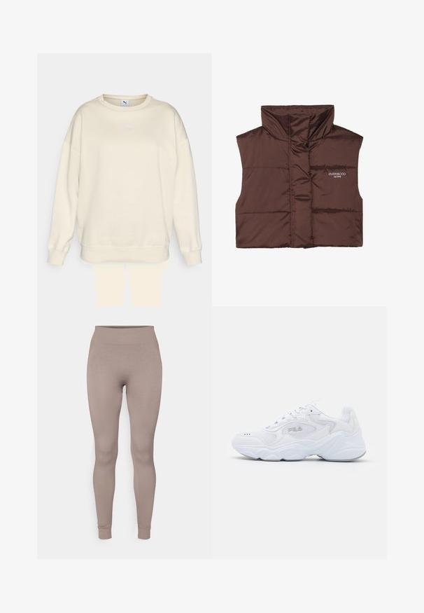 Pruun polsterdatud ilma varrukateta vest kõrge kaelusega, millel on külje peal luku ees ja õmmeldud logo detail. Sile, läikiv tekstuur.; Bež dressipluus klassikalise ümarat kaelusest, lahtise lõikega ja ribadega mansettidega. Ees on väike lilla Puma logo. Pehme tekstuur.; Ribidega retuusid pehmes taupe värvitoonis, millel on kõrge vöökoht, kitsas lõige ja kitsenevad pahkluud. Valmistatud tekstuurilisest, venitatavast kangast.; Valge spordijalats tekstuuriga pealmise osaga, pehmendatud kraega ja paksu tallaga. Küljele on pandud logo ja see on kinnitatud paeltega.