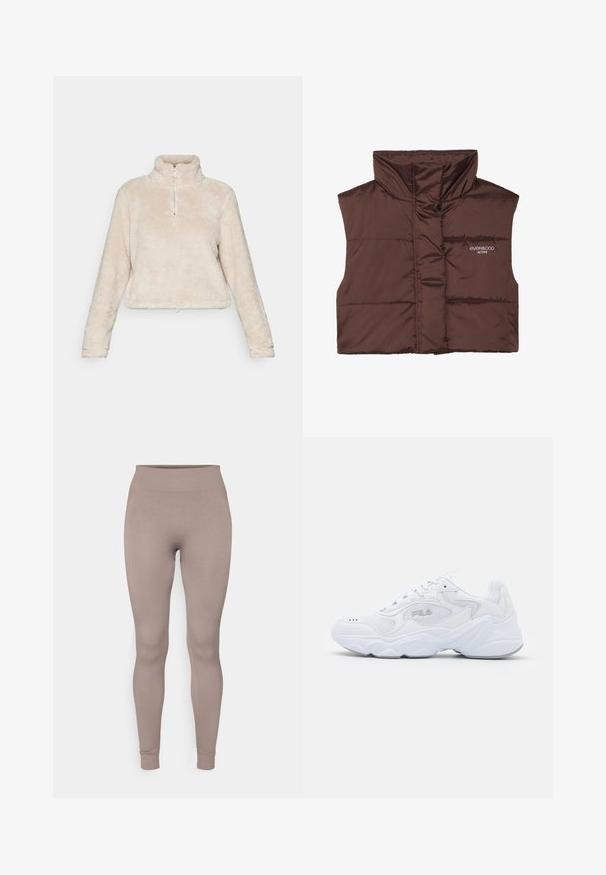 Brun polstret ærmeløs vest med høj krave, der har lynlås fortil og indsyet logo-detail på venstre side. Glat, blank overflade.; Fleece quarter-zip pullover i lys beige, med høj krave, lange ærmer og snoretræk i kanten. Blødt, struktureret stof.; Ribbet leggings i en blød taupe farve, med høj talje, smal pasform og tætsiddende ankler. Fremstillet af et tekstureret, strækbart stof.; Hvide atletiske sko med en struktureret mesh-overdel, polstret krave og kraftig sål. Har et logo på siden og snørebåndslukning.
