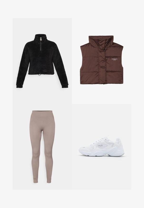 Brun polstret ærmeløs vest med høj krave, der har lynlås fortil og indsyet logo-detail på venstre side. Glat, blank overflade.; Sort fleece pullover med høj krave, halv lynlås og justerbar kant. Har en blød, struktureret overflade og lange ærmer.; Ribbet leggings i en blød taupe farve, med høj talje, smal pasform og tætsiddende ankler. Fremstillet af et tekstureret, strækbart stof.; Hvide atletiske sko med en struktureret mesh-overdel, polstret krave og kraftig sål. Har et logo på siden og snørebåndslukning.