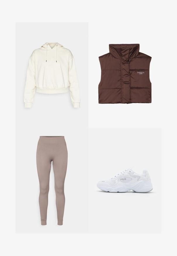 Veste sans manches en peluche marron avec col haut, dotée d'une fermeture éclair à l'avant et d'un logo cousu sur le côté gauche. Texture lisse et brillante.; Guess STACIE HOODED - Sweat à capuche - dove white; Leggings côtelés dans une douce couleur taupe, avec une taille haute, une coupe slim et des chevilles fuselées. Fabriqués en tissu texturé et extensible.; Baskets blanches avec une tige en mesh texturé, un col rembourré et une semelle épaisse. Présente un logo sur le côté et un système de laçage.