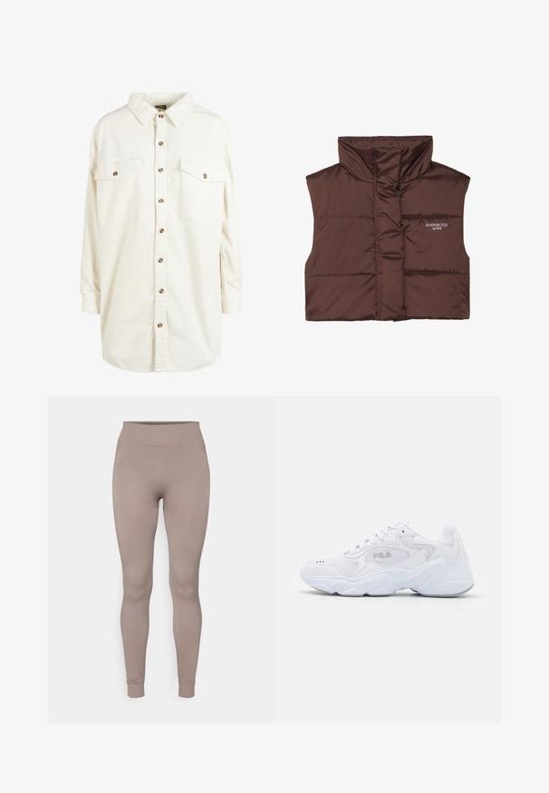 Braune gepolsterte ärmellose Weste mit hohem Kragen, ausgestattet mit einem Reißverschluss vorne und eingesticktem Logo-Detail auf der linken Seite. Glatte, glänzende Textur.; Cremefarbendes Cord-Hemd mit langen Ärmeln und Kragen, braunen Knöpfen in der Front und zwei knöpfigen Brusttaschen.; Gestreifte Leggings in einem sanften Taupe-Farbton, mit hohem Bund, schmaler Passform und tapered Beinen. Hergestellt aus einem strukturierten, dehnbarem Stoff.; Weißer Sportschuh mit einem strukturierten Mesh-Obermaterial, gepolstertem Schaft und klobiger Sohle. Verfügt über ein Logo an der Seite und eine Schnürung.