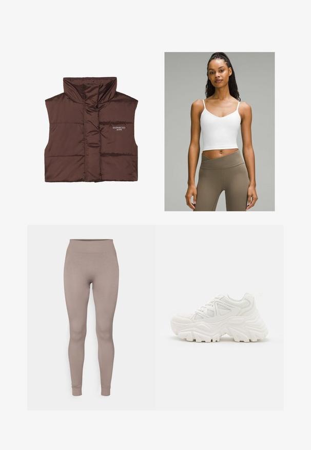 Brun vadderad ärmlös väst med hög krage, med dragkedja framtill och inbrottat logotypdetalj på vänster sida. Slät, glänsande yta.; Vit cropped tank top med tunna axelremmar, med en v-ringad halsringning. Matchas med högmidjade, ljusbruna leggings. Slät tygtextur.; Ribbade leggings i en mjuk taupe-färg, med hög midja, smal passform och avsmalnande anklar. Tillverkade av ett texturerat, stretchigt tyg.; Vita voluminösa sneakers med en strukturerad ovandel, meshpaneler och tjocka gummisulor med ett framträdande mönster. Snören och dragflik ingår.