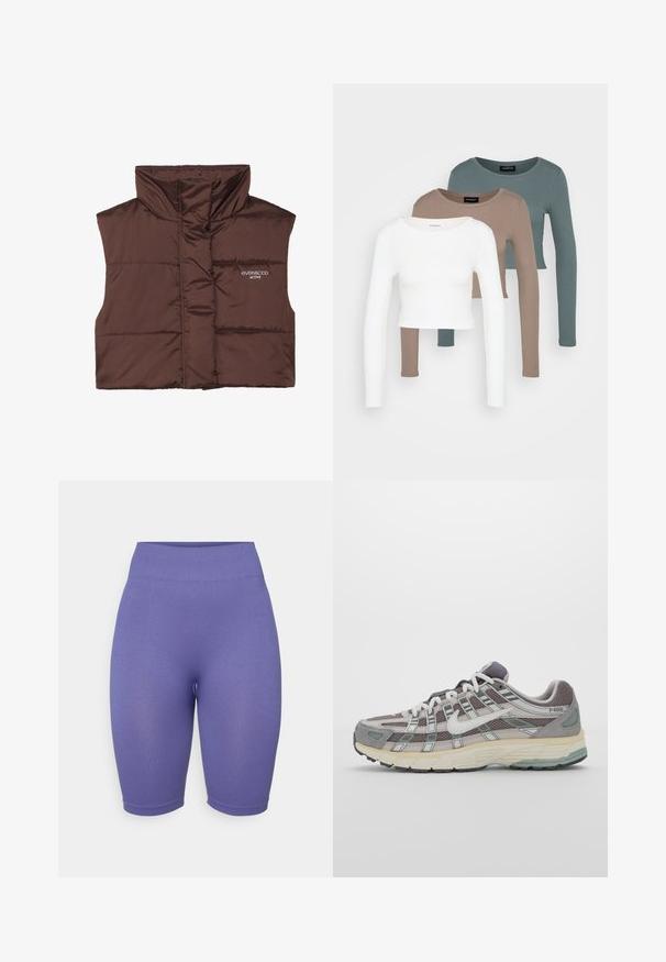 Colete acolchoado castanho sem mangas com colarinho alto, apresentando fecho de correr frontal e detalhe de logótipos cosido no lado esquerdo. Textura lisa e brilhante.; Três tops cropped de manga longa empilhados, nas cores branca, bege e teal suave, com golas redondas sobre um fundo cinza claro.; Calças-ciclismo roxas de cintura alta com textura canelada, design ajustado e comprimento até a metade da coxa. Sem hardware ou padrões notáveis.; Sapatilha atlética cinza com parte superior em malha e camurça, detalhes brancos, sola acolchoada e um design distinto com elementos refletivos.
