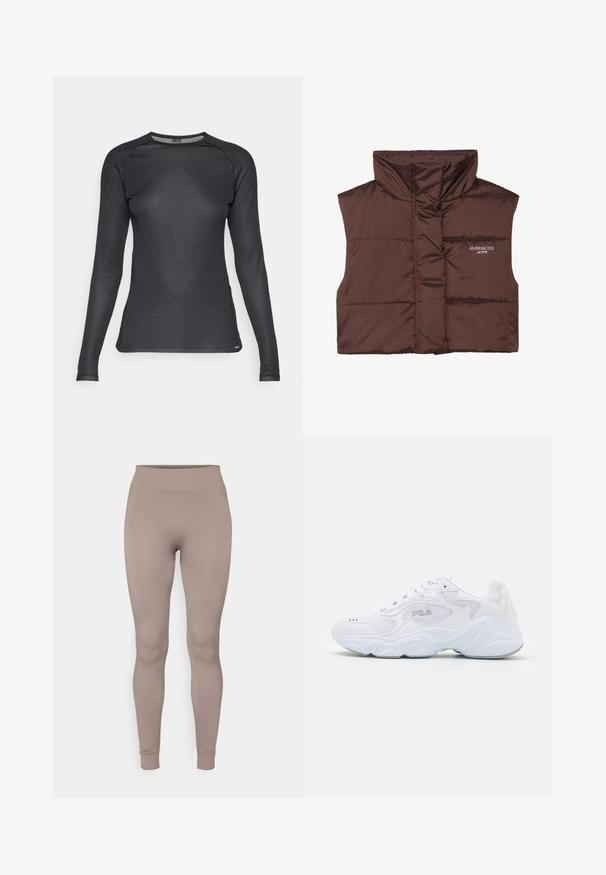 Rjava podložena brezrokavnica z visokim ovratnikom, ki ima zadrgo spredaj in vdelan logotip na levi strani. Gladka, sijoča tekstura.; Dolga majica črnega športnega stila z dolgimi rokavi, izdelana iz teksturirane, zračne tkanine. Ima okroglo ovratnik in raglan rokave za večjo svobodo gibanja.; Rebraste nogavice v mehki taupe barvi, z visokim pasom, ožjim krojem in zoženimi gležnji. Narejene so iz teksturirane, raztegljive tkanine.; Bela športna obuvala z teksturirano mrežasto zgornjico, oblazinjeno obrobo in debelim podplatom. Ima logotip ob strani in vezalni sistem.