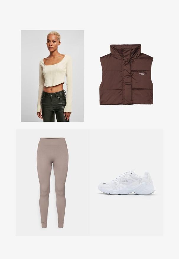 Ruskean pehmustettu hihaton liivi korkealla kauluksella, jossa on vetoketjusuljenta ja ommeltu logotiedosto vasemmalla puolella. Sileä, kiiltävä rakenne.; Lyhyt pitkähiha toppi beige ribbatusta kankaasta, jossa on neliön muotoinen kaula-aukko ja tiukka malli. Yhdistetty mustiin nahkahousuihin.; Ribbed leggings in a soft taupe color, featuring a high waistband, slim fit, and tapered ankles. Made from a textured, stretchable fabric.; Valkoinen urheilukenkä, jossa on teksturoitu verkkokangasyläosa, pehmustettu nilkkaosa ja paksu pohja. Sivussa on logo ja kengässä on nauhakiinnitys.
