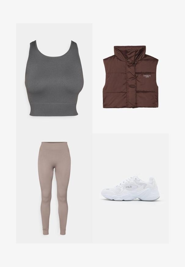 Brązowa, pikowana kamizelka bez rękawów z wysokim kołnierzem, z zamkiem z przodu i naszytą logotypem po lewej stronie. Gładka, błyszcząca faktura.; Szara prążkowana crop top z okrągłym dekoltem i dopasowaną tasiemką na hemie. Wykonana z elastycznego materiału dla wygody i swobody ruchów.; Prążkowane legginsy w miękkim odcieniu taupe, z wysokim stanem, dopasowanym krojem i zwężającymi się kostkami. Wykonane z teksturowanej, elastycznej tkaniny.; Białe buty sportowe z teksturowaną siateczkową cholewką, wyściełanym kołnierzem i masywną podeszwą. Posiadają logo po boku oraz sznurowanie.