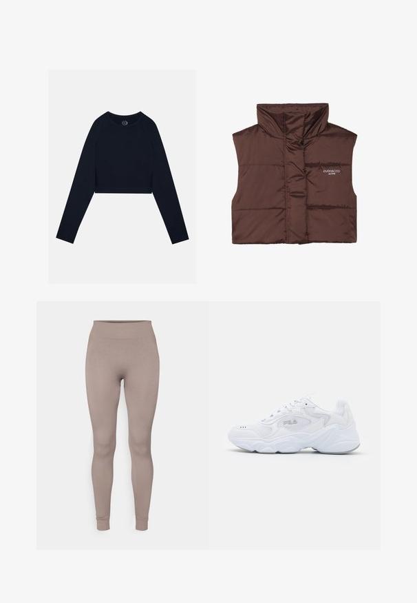 Braune gepolsterte ärmellose Weste mit hohem Kragen, ausgestattet mit einem Reißverschluss vorne und eingesticktem Logo-Detail auf der linken Seite. Glatte, glänzende Textur.; Marineblaue, kurz geschnittene Langarmbluse mit Raglanärmeln und rundem Ausschnitt. Weicher, glatter Stoff mit atmungsaktivem Mesh-Detail an den Seiten.; Gestreifte Leggings in einem sanften Taupe-Farbton, mit hohem Bund, schmaler Passform und tapered Beinen. Hergestellt aus einem strukturierten, dehnbarem Stoff.; Weißer Sportschuh mit einem strukturierten Mesh-Obermaterial, gepolstertem Schaft und klobiger Sohle. Verfügt über ein Logo an der Seite und eine Schnürung.